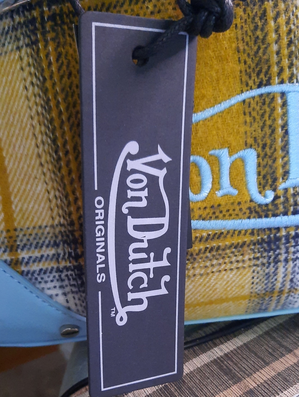Von Dutch Yellow Plaid Satchel with Light Blue Trim - Picture 7 of 7